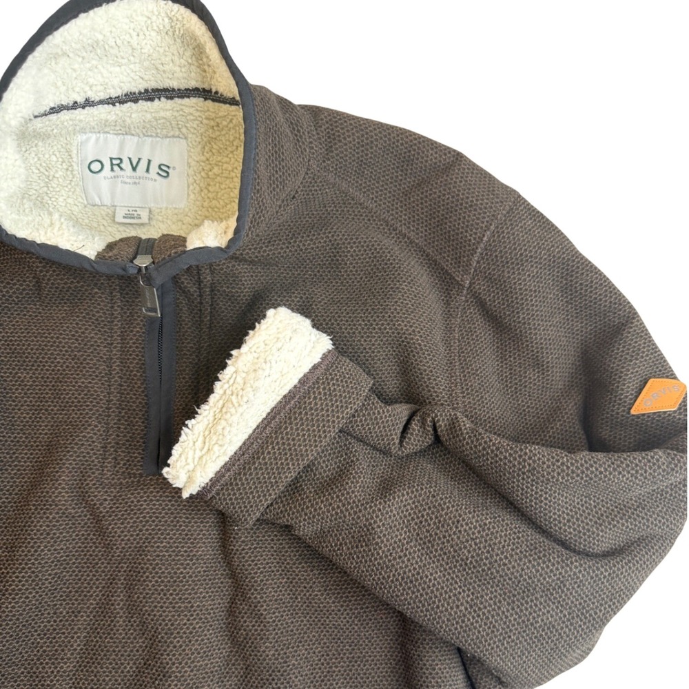 Orvis Quarter Zip Sherpa Lined Waffle Knit Pullover Sweater Mens L Brown Jacket